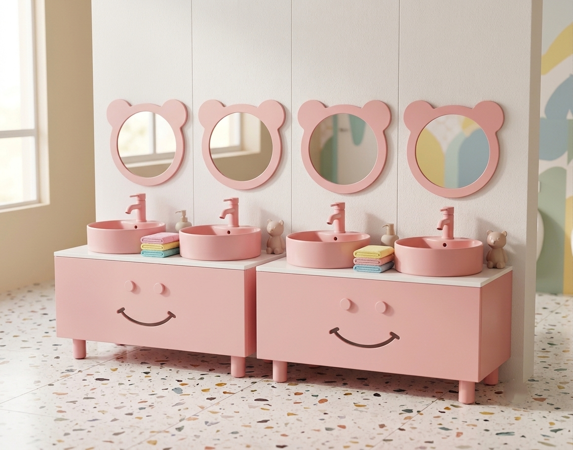 pink de Kids Wash Basin Cabinet with Mirror for Schools and Daycare Centres – 3 Station Wash Basin Unit