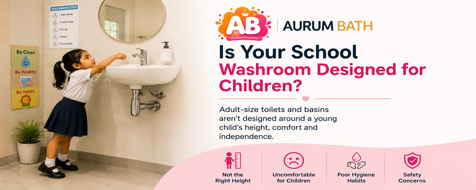 Child-friendly school washroom with kid-height wash basin by Aurum Bath.